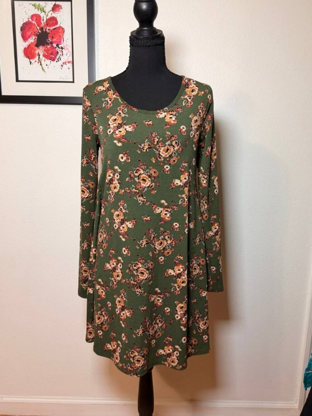 Forever 21 Olive Green Floral Swing Dress Cottagecore Fall Open Back